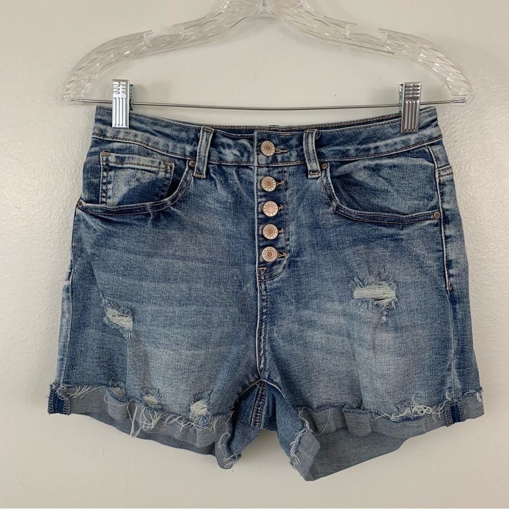MEDIUM Wash Distressed Raw Hem Button Fly Denim Shorts~Unbranded~Size S